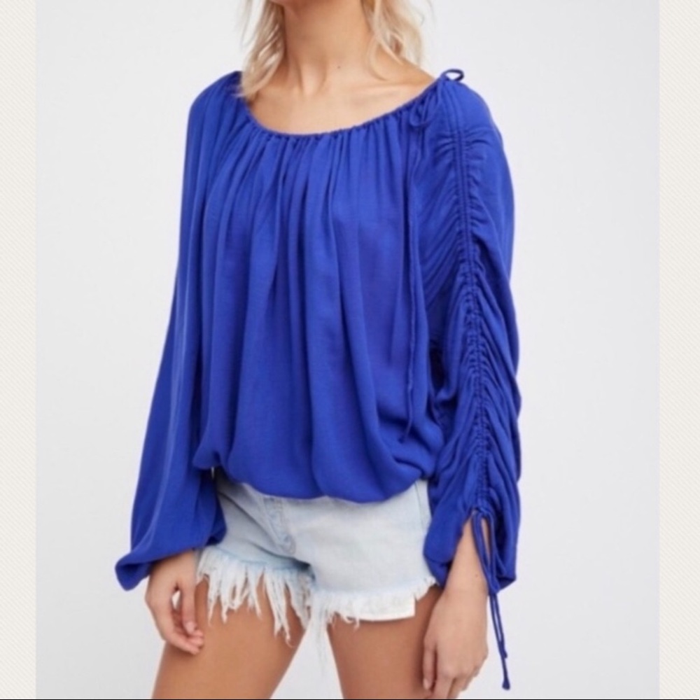 Free People // Royal Blue Cinch Tie Blouse